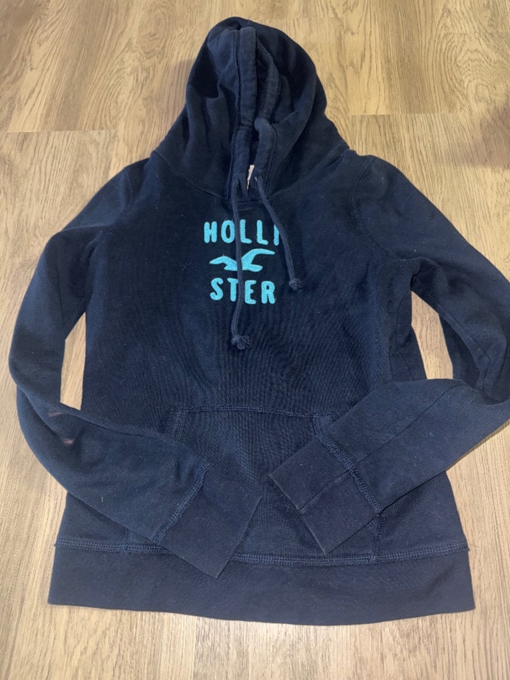 Hollister Navy Blue Logo Hoodie Y2K Casual Coastal Prep Pullover Sweatshirt Larg